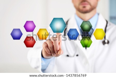 Doctor hand touch screen with colored empty symbols and icons for copy space on white background