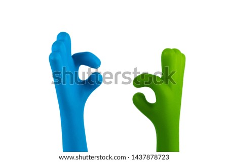 Two Plastic hand ok sign isolated on white background with clipping path