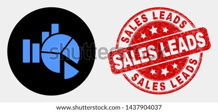 Rounded statistics charts icon and Sales Leads stamp. Red rounded distress stamp with Sales Leads text. Blue statistics charts icon on black circle.
