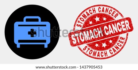 Rounded medical baggage icon and Stomach Cancer stamp. Red rounded distress seal stamp with Stomach Cancer text. Blue medical baggage icon on black circle.