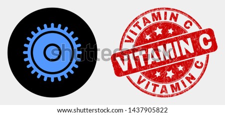 Rounded cog icon and Vitamin C seal stamp. Red rounded scratched seal stamp with Vitamin C text. Blue cog icon on black circle. Vector combination for cog in flat style.