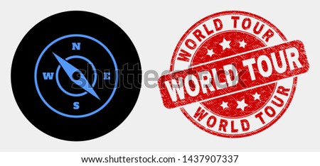 Rounded compass icon and World Tour seal. Red rounded textured stamp with World Tour caption. Blue compass icon on black circle. Vector combination for compass in flat style.