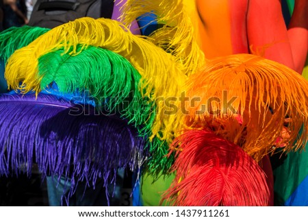Rainbow colourful feathers during LGBT festival in Barcelona. Plumage on dancers body. Orange, green, blue, red and yellow hackles on gay pride, summer celebration. Carnaval and fun
