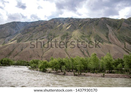 River flowing between picturesque hills. Trees along the banks. Traveling in Kyrgyzstan.