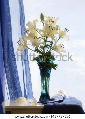 Still life with bouquet of lily on the sky background