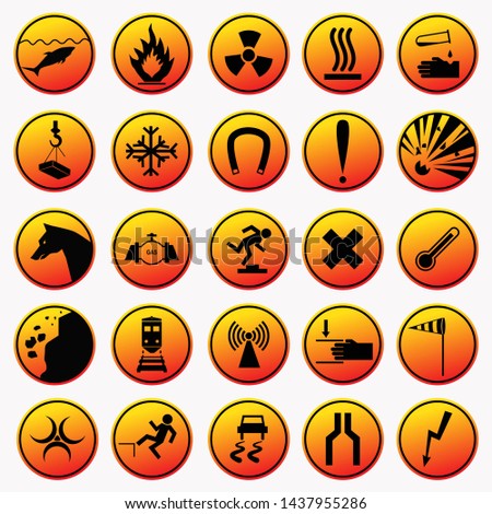 Set of warning and danger signs. Orange caution icons. Collection of attention symbols and hazard signals.  illustration isolated on white