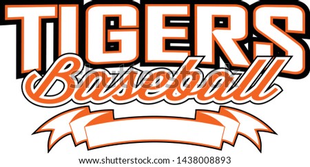 
Tigers Baseball Design With Banner is a team design template that includes a tigers baseball text and a blank banner with space for your own information. Great for advertising and promotion for teams