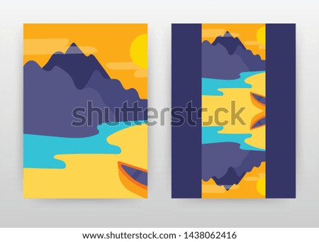 Landscape of mountains, sun, river and boat. Design for annual report, brochure, poster. Minimalist landscape background vector illustration for flyer, leaflet, poster. Abstract A4 brochure template.