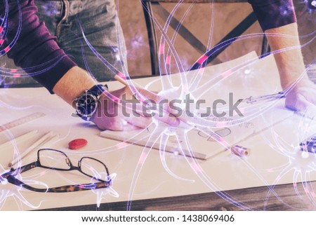 Interconnected neuron cells with glowing link knots in electrical pulses with man working background.
