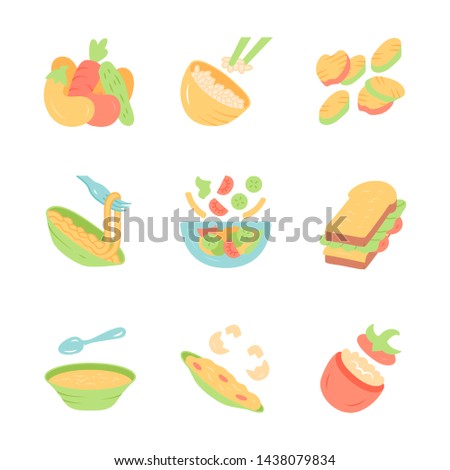Restaurant menu dishes flat design long shadow color icons set. Salads, soup, main dishes. Rice, grilled vegetables, omelette, pasta, sandwich. Nutritious food. Vector silhouette illustrations