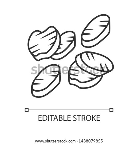 Grilled vegetables slices linear icon. Roasted vegetarian food. Healthy nutrition. Restaurant, cafe menu. Thin line illustration. Contour symbol. Vector isolated outline drawing. Editable stroke