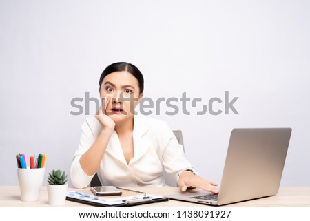Woman make gossip gesture at office isolated over background