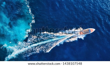 Croatia. Yachts at the sea surface. Aerial view of luxury floating boat on blue Adriatic sea at sunny day. Travel - image Royalty-Free Stock Photo #1438107548