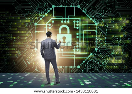 Man in digital security concept pressing button