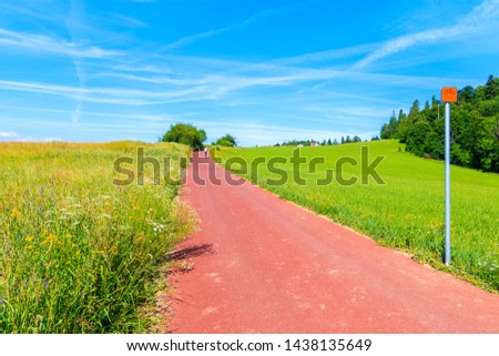 Cycling way along green fields near Czorsztynskie lake and Niedzica village, Pieniny Mountains, Poland