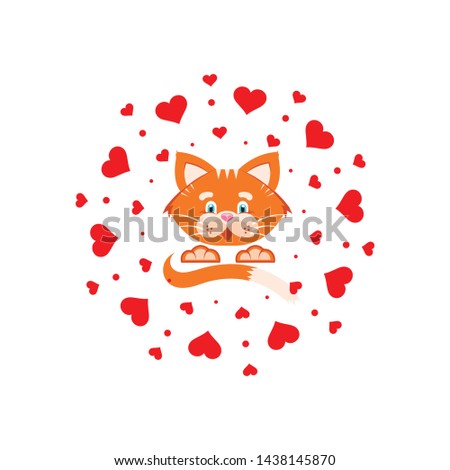 Vector graphic illustration. Orange cat in a cloud of hearts. Cartoon character, concept for printing products for pets, a sign, a donation for pets, advertising logo.