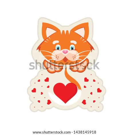 Vector graphic illustration. Sticker. Orange cat holding a big red heart in the tail. Sign of love and friendship. Cartoon character, concept for printing products for pets.