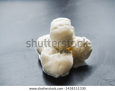 Bright, flavor ice cream. Isolated background. Close-up, top view. Concept of tasty and healthy food
