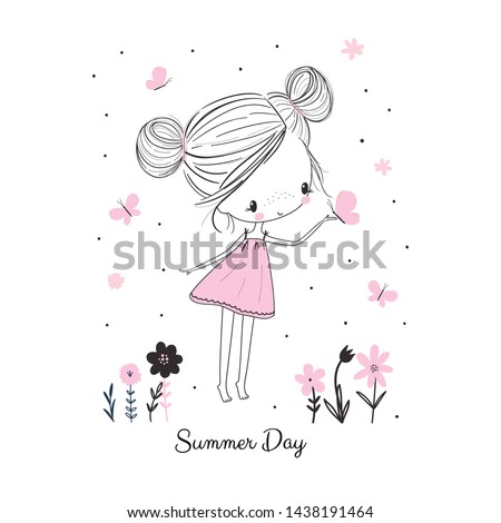 Little girl with butterflies and flowers in pink dress. Childish doodle drawing vector illustration in pink colour. Use for girlish surface designs, fabric print, card, fashion kids wear, baby shower,