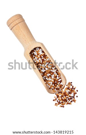 Colorful sugar sprinkles in wooden shovel on white