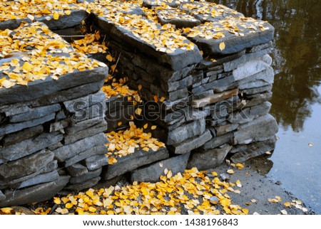 Old stone pier covered with autumn leaves