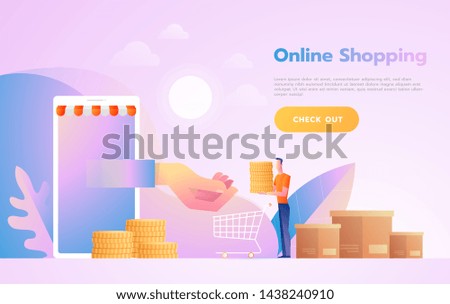 E-commerce or online shopping concept with hands reaching out of a computer screen holding a shopping product.