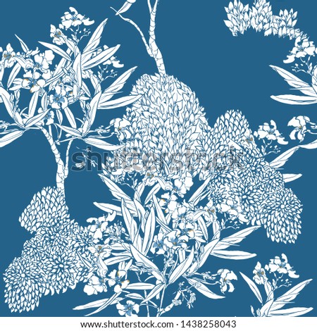 Seamless Pattern Chinoiserie Chic Chinese Blue and White Print Exotic Flowers Oleander Blooming Trees Tropical Leaves Oriental Porcelain Design China Asian Illustration Cobalt Background