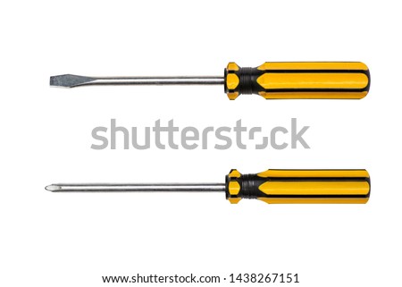 Slotted screw driver and phillips screw driver yellow colors isolated on white background. Royalty-Free Stock Photo #1438267151
