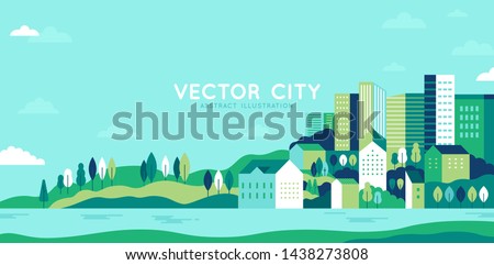 Vector illustration in simple minimal geometric flat style - city landscape with buildings, hills and trees - abstract horizontal banner and background with copy space for text - header images for web Royalty-Free Stock Photo #1438273808