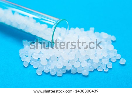 Plastic pellets. Transparent Polyethylene granules. Plastic Raw material  (PE-HD). PE-LD Royalty-Free Stock Photo #1438300439