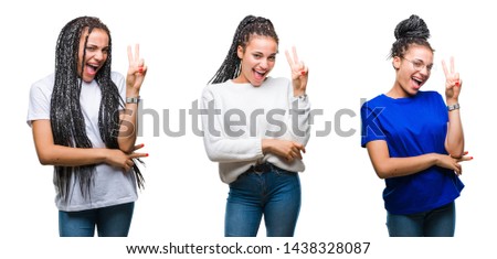 Collage of beautiful braided hair african american woman over isolated background smiling with happy face winking at the camera doing victory sign. Number two.