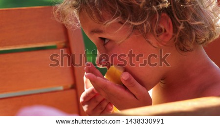 Portrait of cute little blonde boy eating melon fruit outdoors