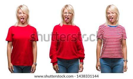 Collage of beautiful blonde woman wearing casual red over isolated background sticking tongue out happy with funny expression. Emotion concept.