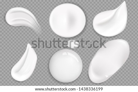 Set of cosmetic white cream texture. Cosmetic cream smears realistic icon set. Smears of thick white cosmetic cream. Set of realistic concealer smear strokes. Realistic gel or foam drop.  Royalty-Free Stock Photo #1438336199