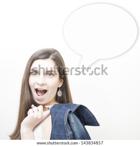Portrait of happy student woman on white copy space background and bubble