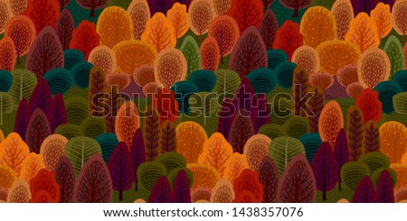 Abstract seamless pattern with autumn forest. Vector background for various surface. Trendy hand drawn textures.