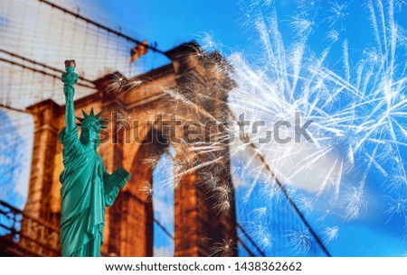 The Statue of Liberty Brooklyn Bridge in light at Night Lights, New York City