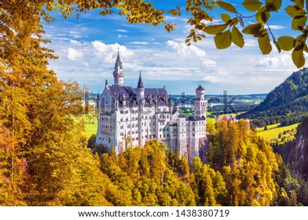 Neuschwanstein, summer sunrise landscape panorama picture of the fairy tale castle near Munich in Bavaria, Germany