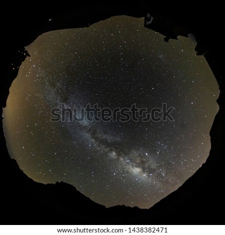 Circular shot of stars and milky way at hight sky via fish eye lens. Long Exposure. Square frame. Photo has a black circle border. National Park Teide, Tenerife.