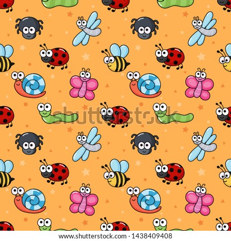 seamless pattern funny bugs. cartoon insects isolated on orange background. illustration vector.