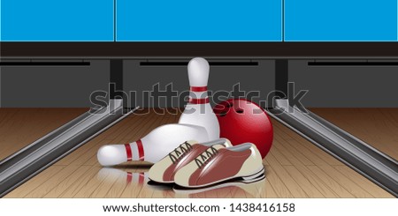 Bowling pins, shoes and ball on a lane - Vector