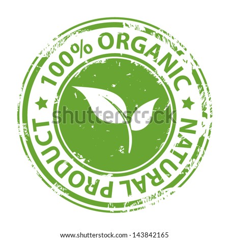 Green rubber stamp with text 100% Organic natural product icon isolated on white background. Vector Royalty-Free Stock Photo #143842165