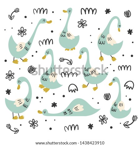 Vector set of isolates with Geese, ducks. Flat, cartoon, Doodle styles. Bird character