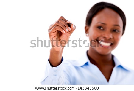 Business woman holding pen for writing - isolated over white background