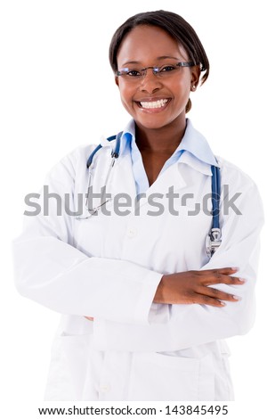 Happy black female doctor smiling - isolated over white background