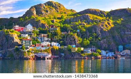 An HDR panoramic image of The Battery community in St John's harbour, Newfoundland, Canada. Royalty-Free Stock Photo #1438473368