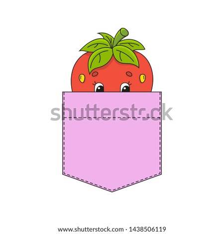 Strawberry in shirt pocket. Cute character. Colorful  illustration. Cartoon style.  on white background. Design element. Template for your shirts, books, stickers, cards, posters.