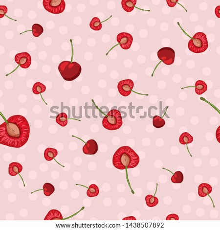 Vector seamless pattern with fruit slices. Cherry on a pink polka dot background