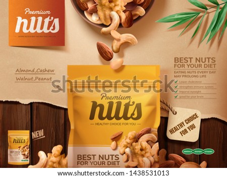 Premium nuts ads on wooden table with torn paper in 3d illustration Royalty-Free Stock Photo #1438531013