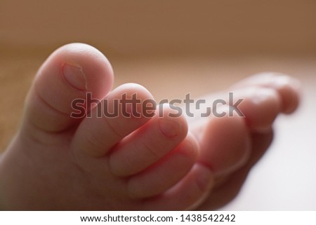 Small legs of the newborn baby in kontrovy light. Gentle fingers standing. New life, the child's birth, the macro picture, selective focus, the place for the text.
